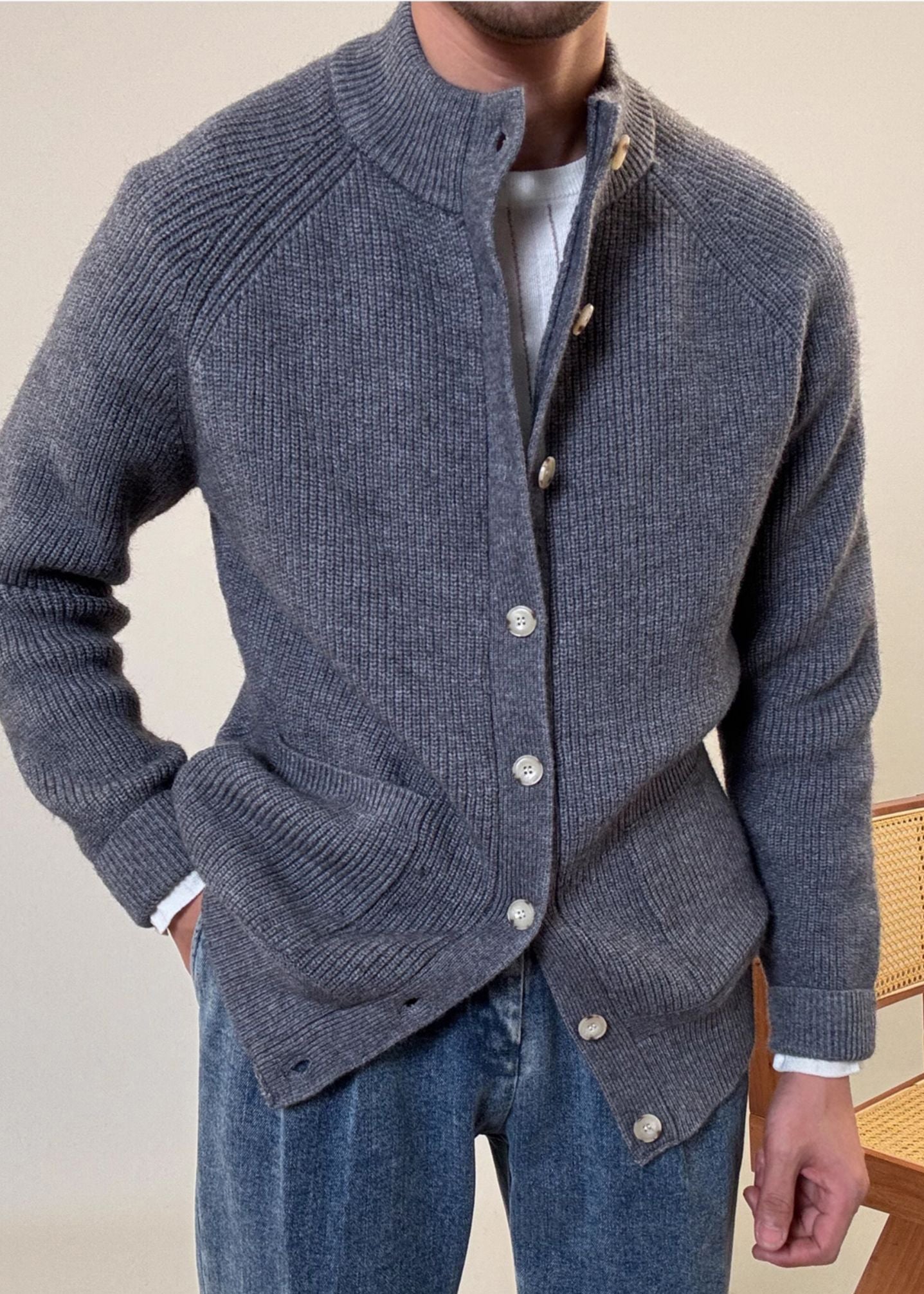 Loose Grey Button Pockets Cozy Cotton Knit Coats