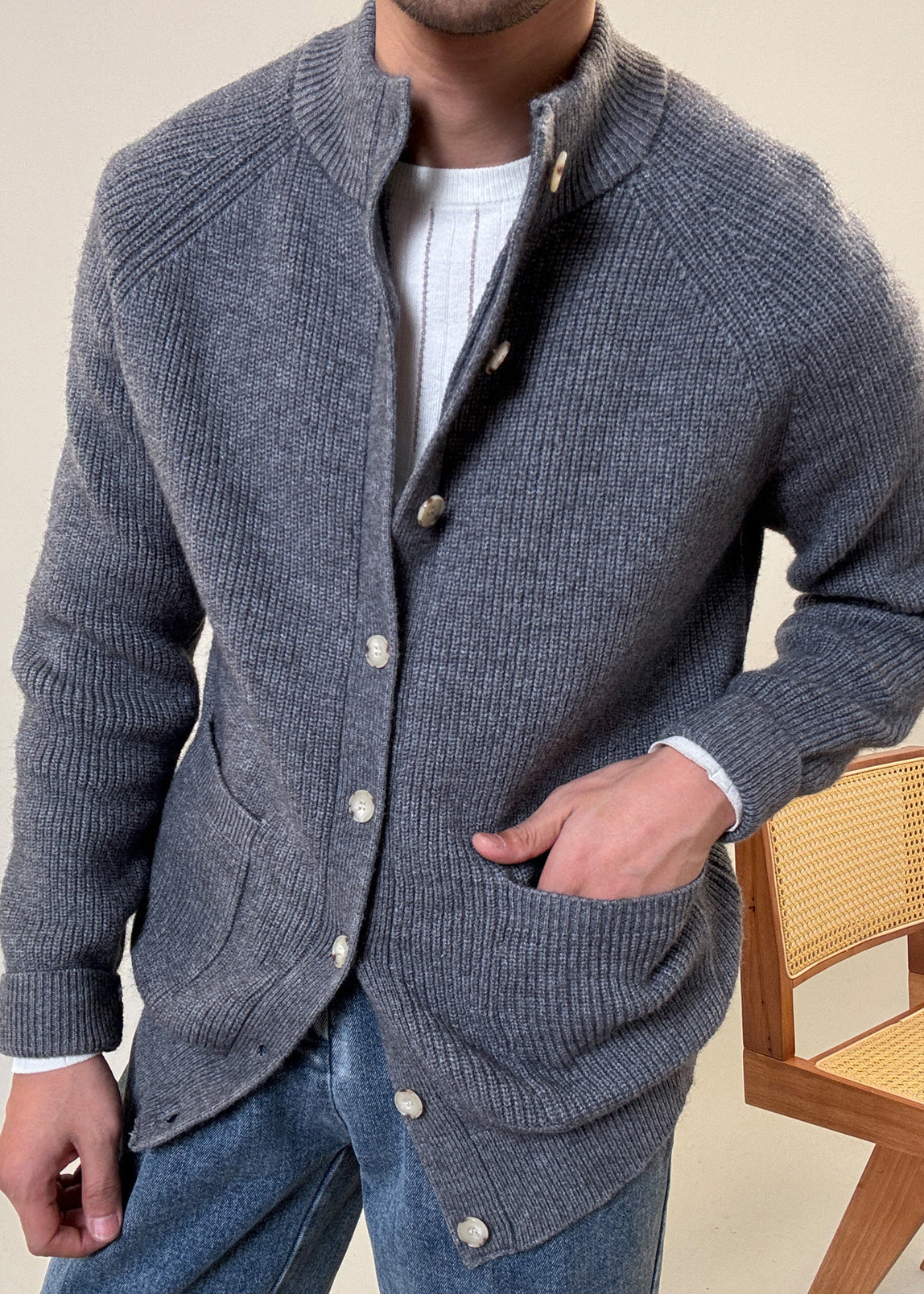 Loose Grey Button Pockets Cozy Cotton Knit Coats