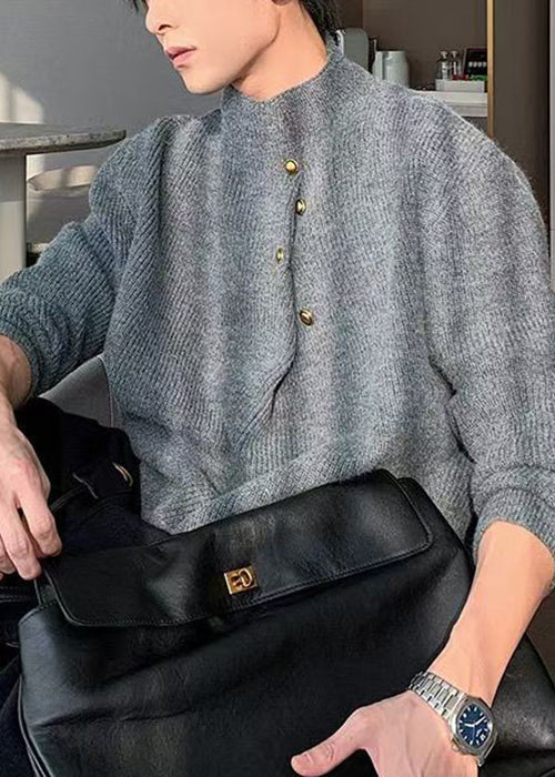Loose Grey Button Knit Sweater Spring