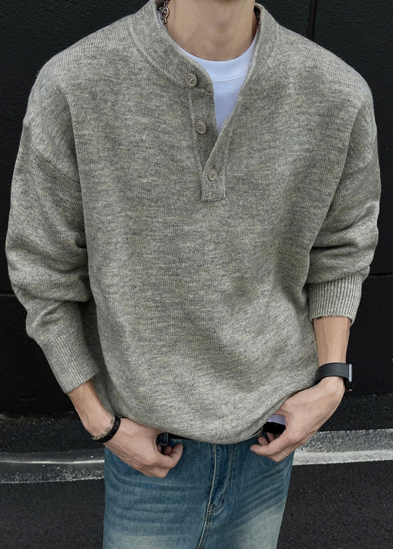 Loose Grey Button Knit Sweaters Spring
