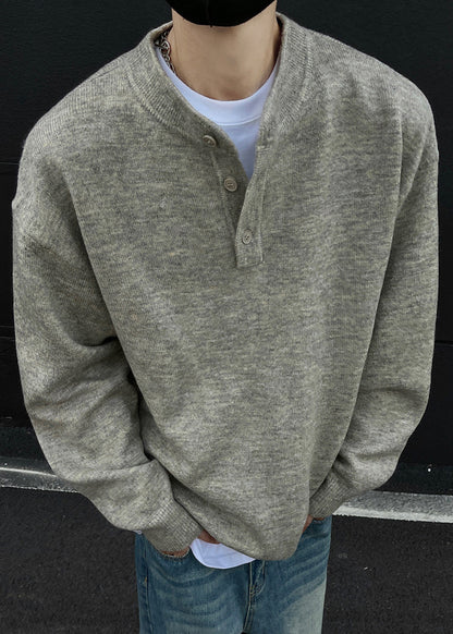 Loose Grey Button Knit Sweaters Spring