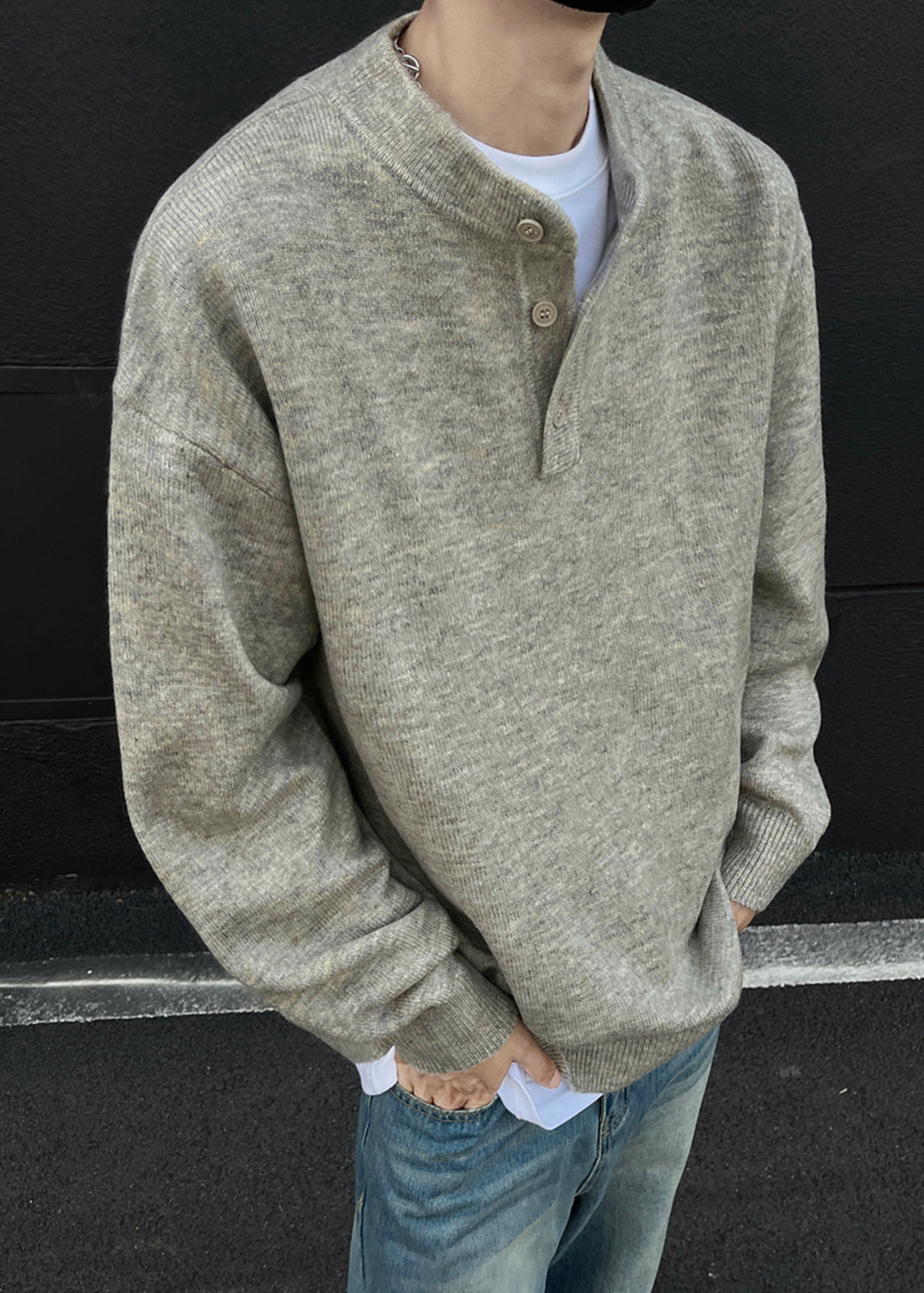 Loose Grey Button Knit Sweaters Spring