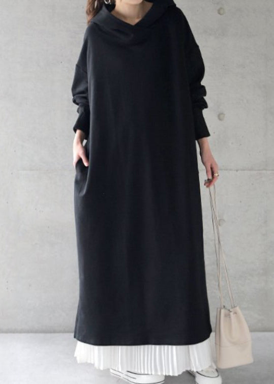 Loose Grey Hooded Cotton Sweatshirt Dress Spring