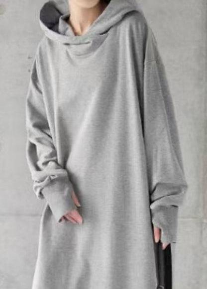 Loose Grey Hooded Cotton Sweatshirt Dress Spring