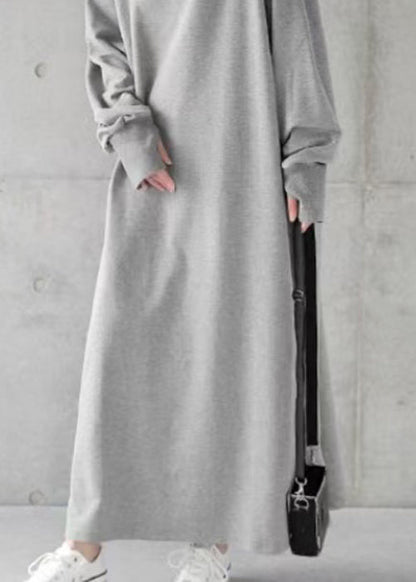 Loose Grey Hooded Cotton Sweatshirt Dress Spring