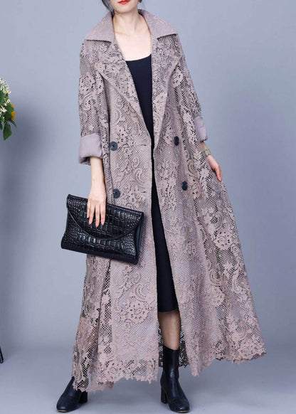 Loose Grey Notched Double Breast Lace Trench Coat Spring