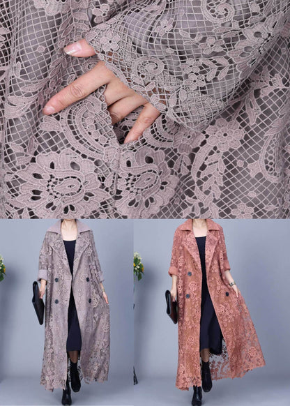 Loose Grey Notched Double Breast Lace Trench Coat Spring