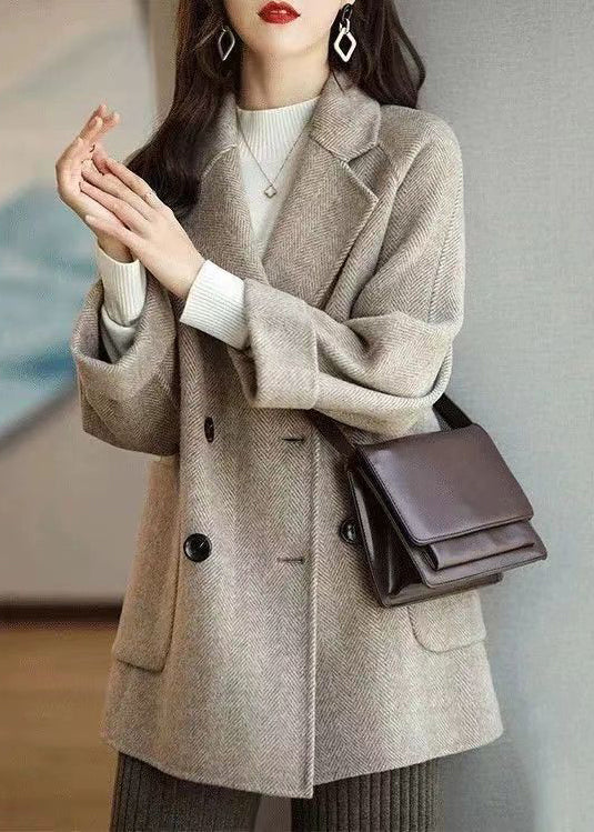 Loose Grey Notched Pockets Double Breast Woolen Coat Winter