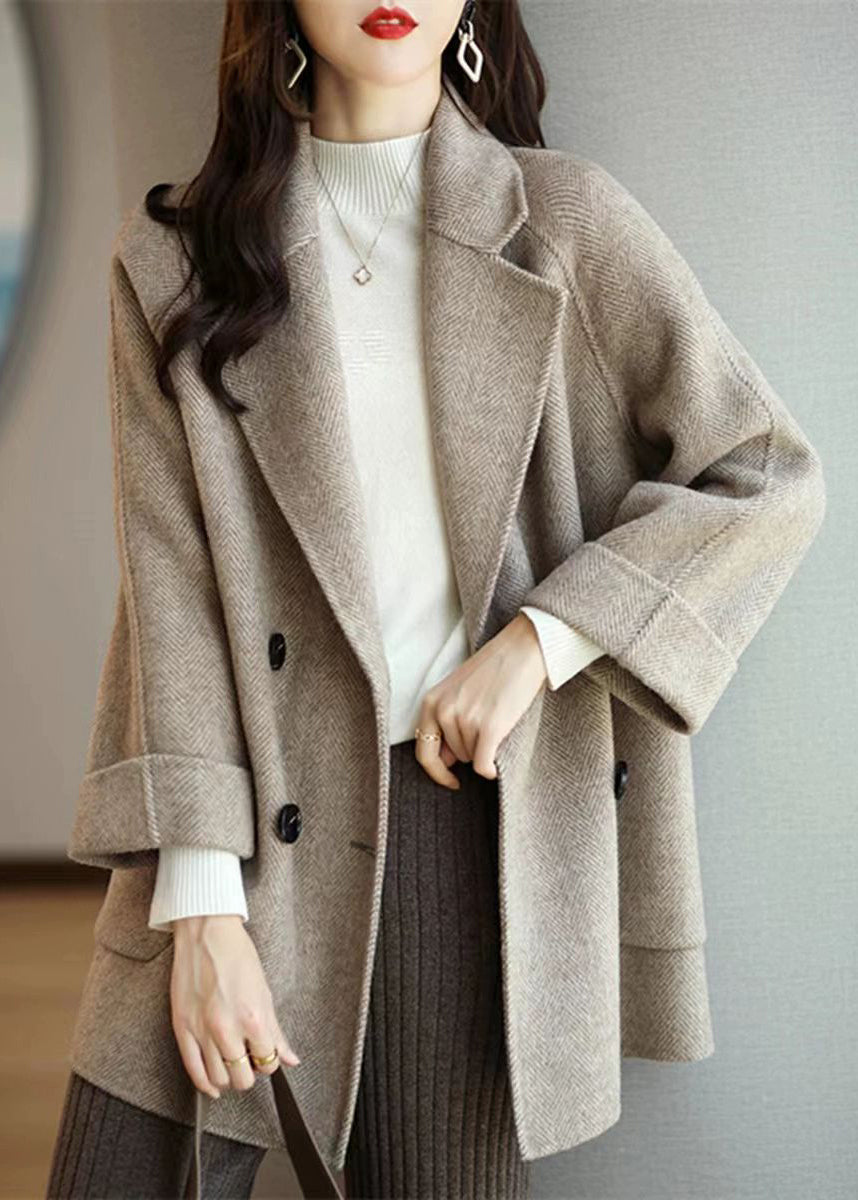 Loose Grey Notched Pockets Double Breast Woolen Coat Winter