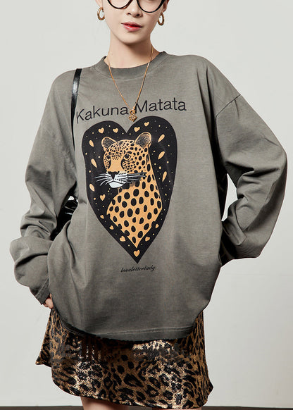 Loose Grey O Neck Animal Letter Cotton T Shirt Spring
