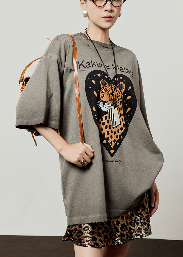 Loose Grey O Neck Animal Letter Cotton T Shirt Spring