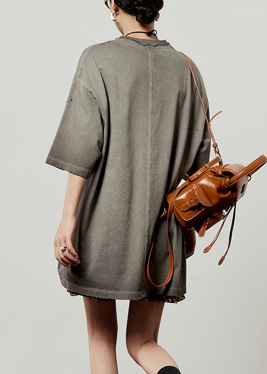 Loose Grey O Neck Animal Letter Cotton T Shirt Spring