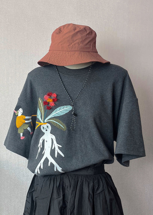Loose Grey O-neck Embroidered Cotton T Shirt Summer