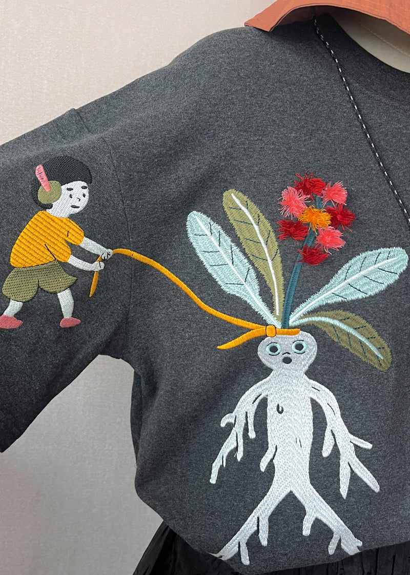 Loose Grey O-neck Embroidered Cotton T Shirt Summer