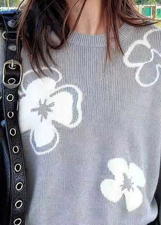 Loose Grey O Neck Knit Sweaters Lantern Sleeve
