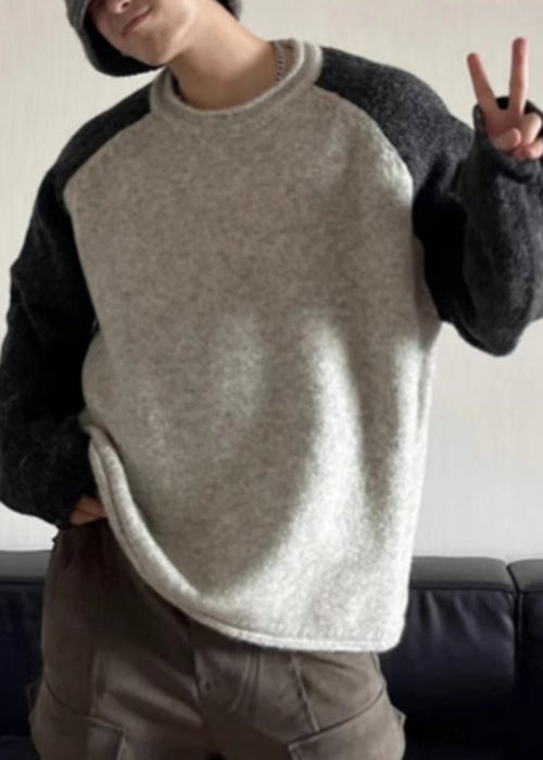 Loose Grey O Neck Patchwork Knit Sweaters Spring