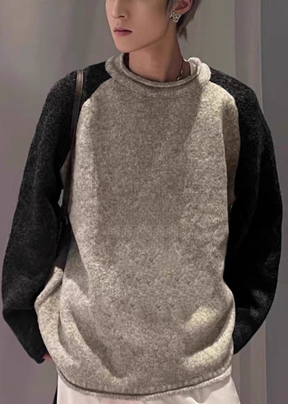 Loose Grey O Neck Patchwork Knit Sweaters Spring