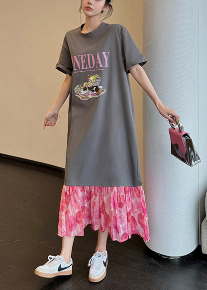 Loose Grey O-neck Print Chiffon Patchwork Long Dress Summer