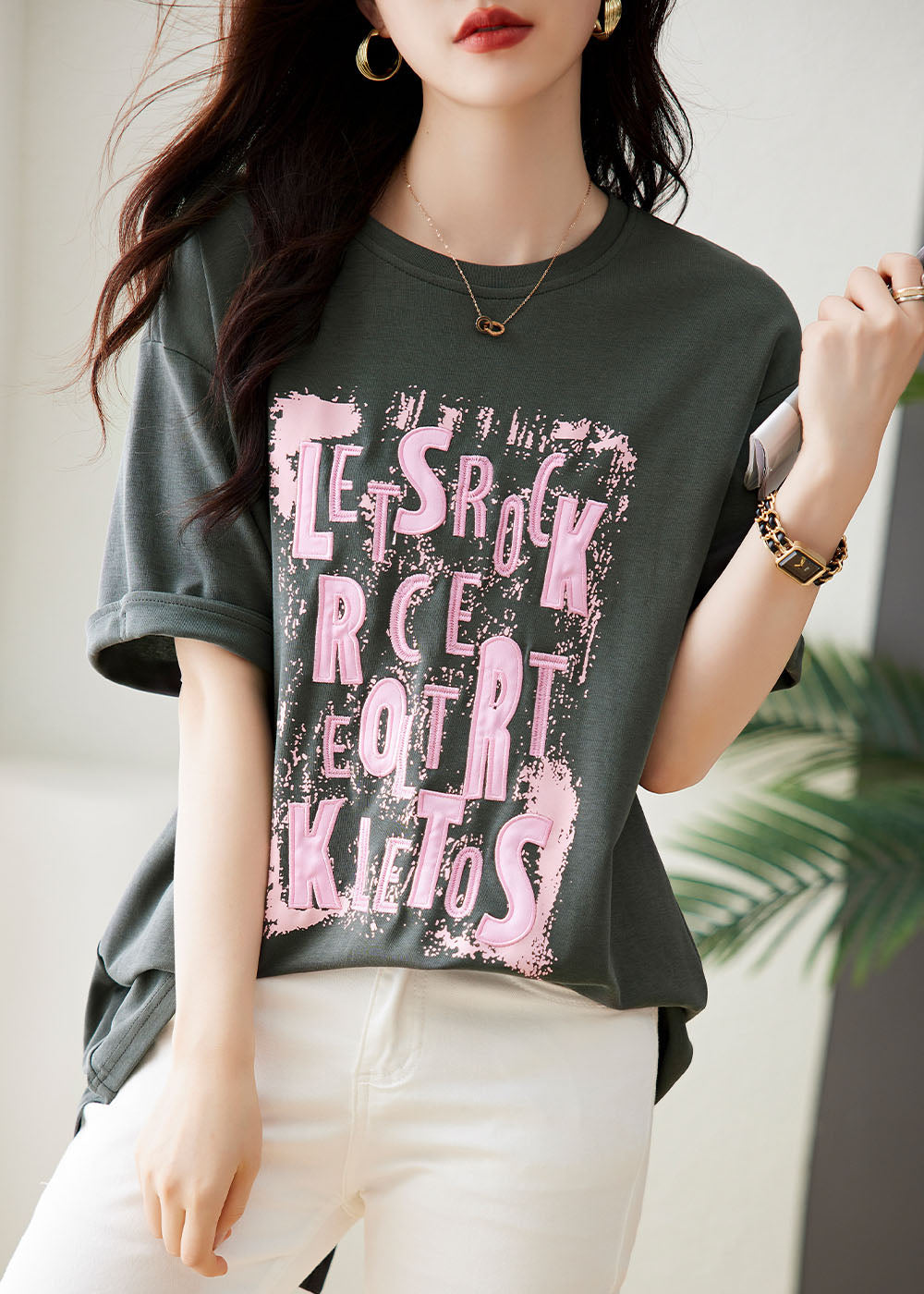 Loose Grey O-neck Print Top Short Sleeve