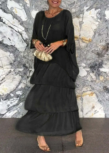 Loose Grey O Neck Chiffon Long Dress Half Sleeve