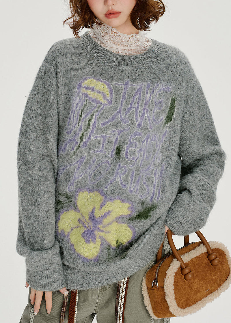 Loose Grey O Neck Thick Jacquard Knit Sweater Tops Winter