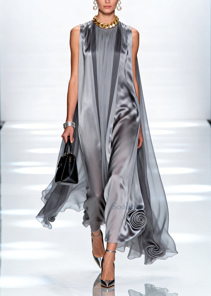 Loose Grey Oversized Stereoscopic Chiffon Long Dress Sleeveless
