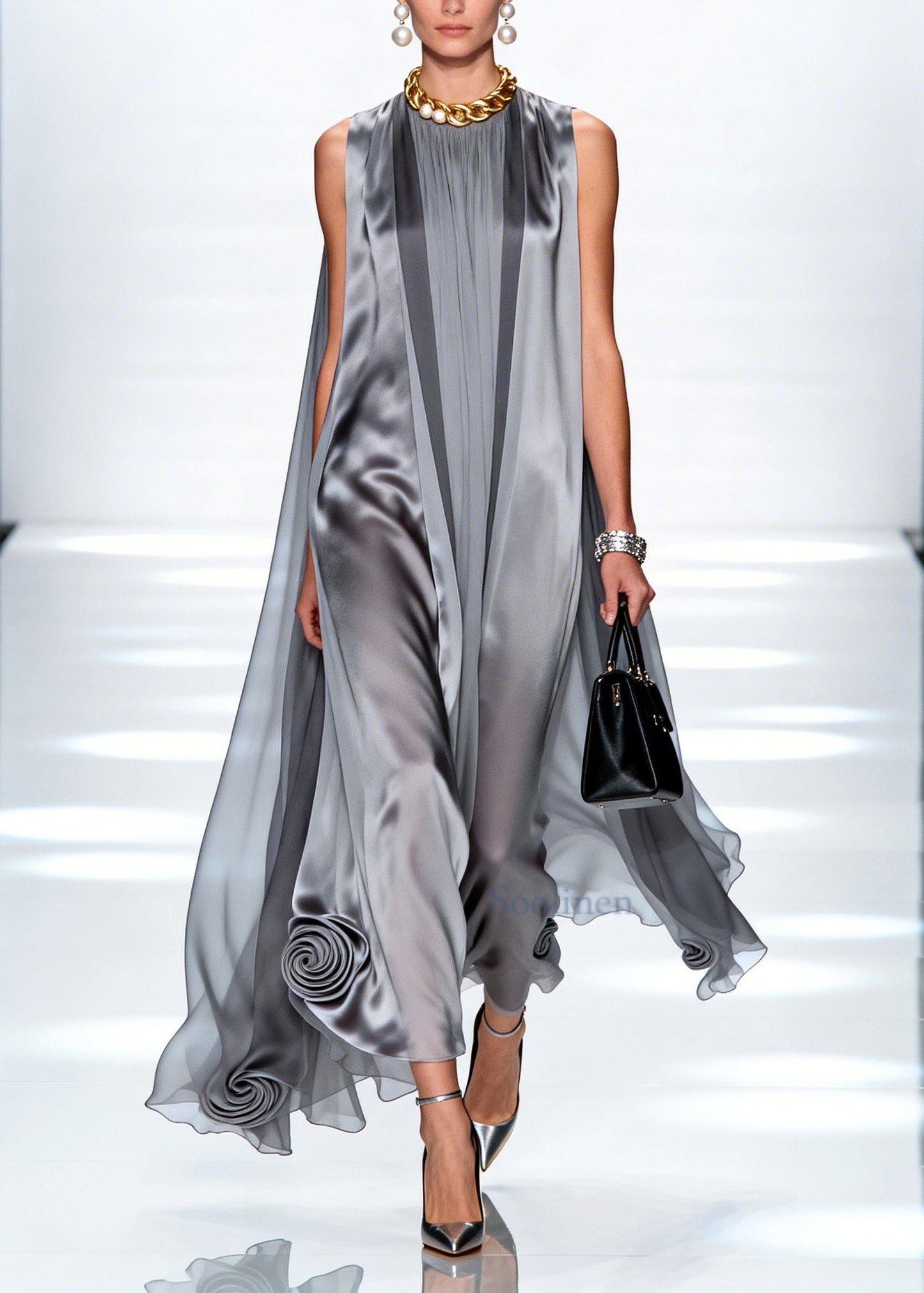 Loose Grey Oversized Stereoscopic Chiffon Long Dress Sleeveless