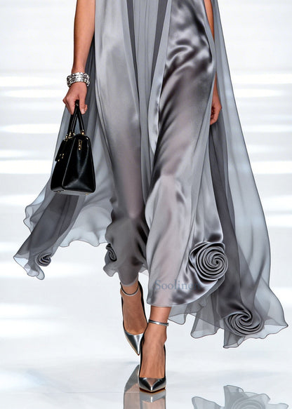 Loose Grey Oversized Stereoscopic Chiffon Long Dress Sleeveless