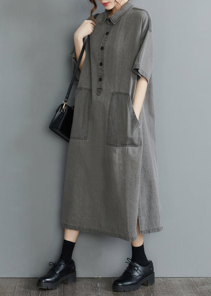 Loose Grey Peter Pan Collar Button Side Open Pockets Denim Dresses Short Sleeve