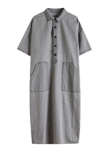 Loose Grey Peter Pan Collar Button Side Open Pockets Denim Dresses Short Sleeve