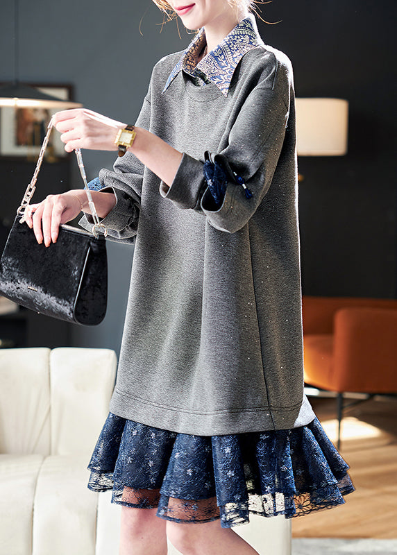 Loose Grey Peter Pan Collar Patchwork False Two Pieces Cotton Mid Dress Spring