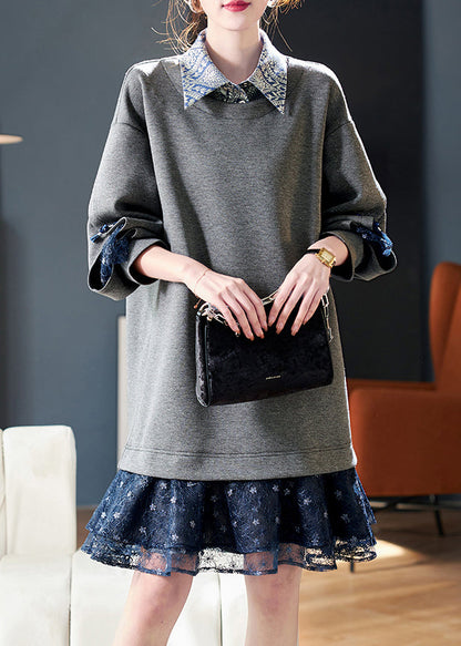 Loose Grey Peter Pan Collar Patchwork False Two Pieces Cotton Mid Dress Spring