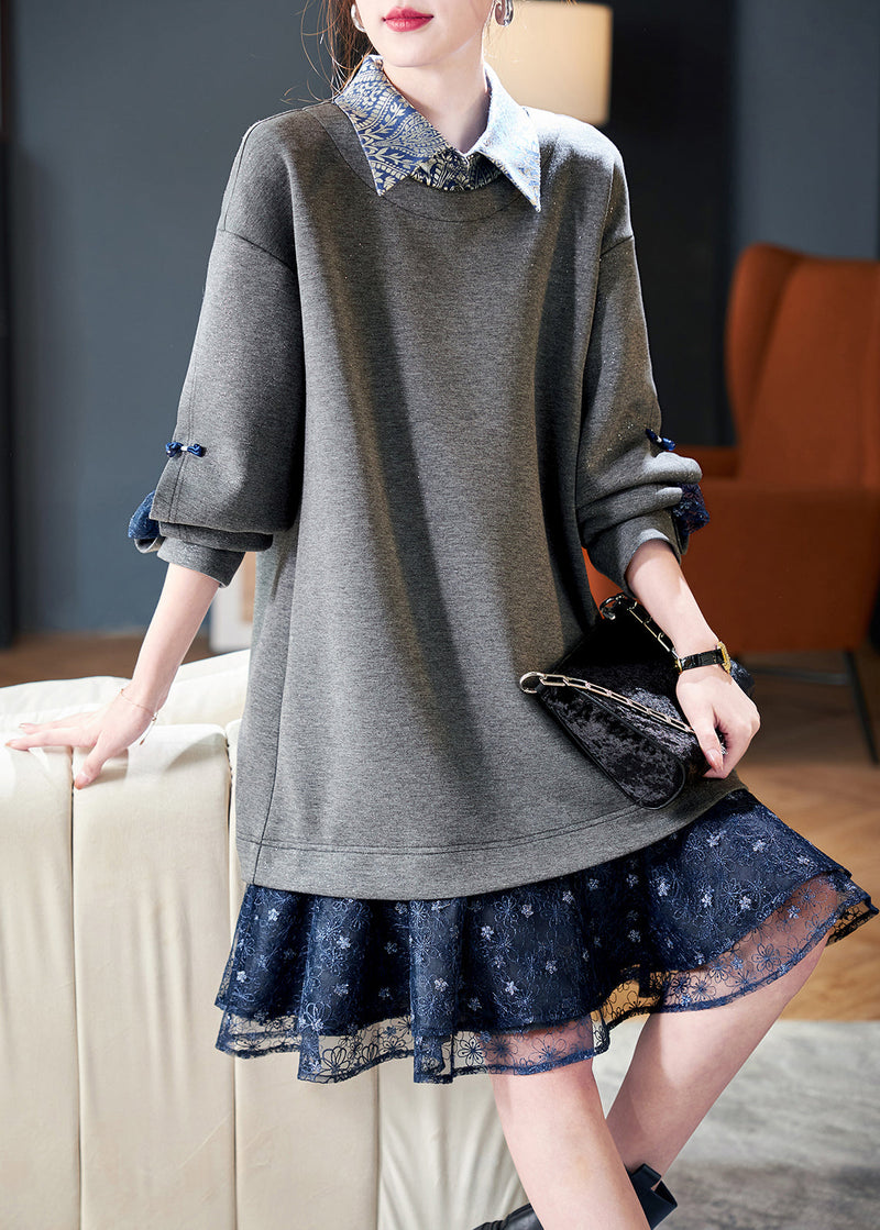 Loose Grey Peter Pan Collar Patchwork False Two Pieces Cotton Mid Dress Spring