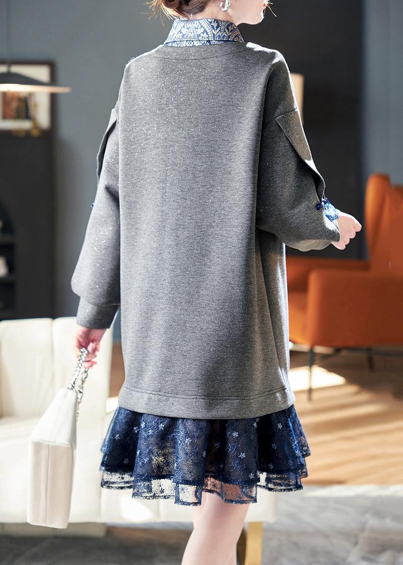 Loose Grey Peter Pan Collar Patchwork False Two Pieces Cotton Mid Dress Spring