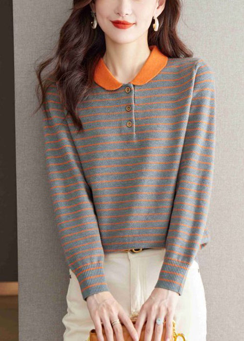 Loose Grey Peter Pan Collar Striped Knit Sweater Spring