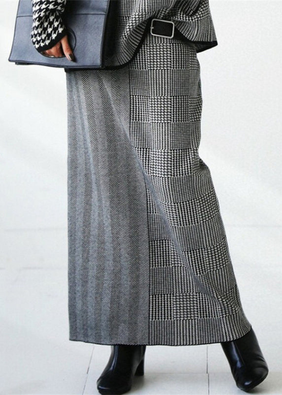 Loose Grey Plaid Knit Sweaters and Skirts Two Piece Set Outfits Fall