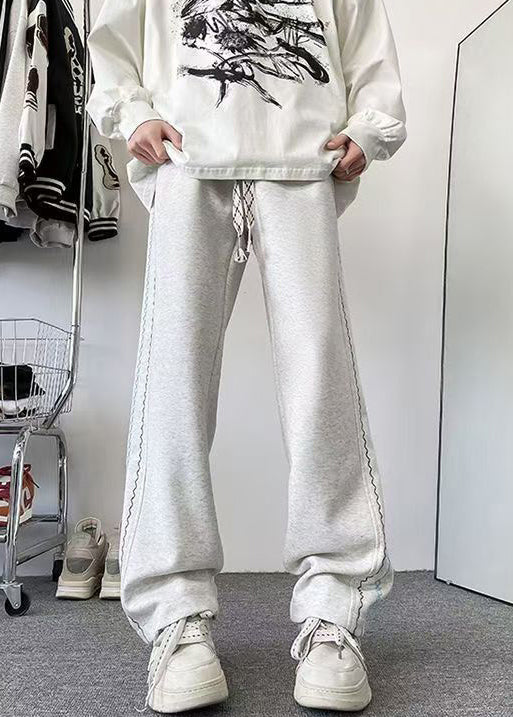 Loose Grey Pockets Elastic Waist Cotton Pants Spring