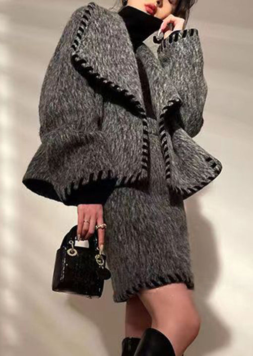 Loose Grey Pockets Patchwork Coat and Skirts Wool Two Pieces Set Long Sleeve