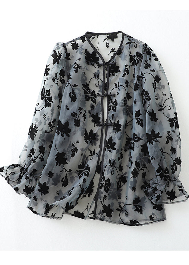 Loose Grey Print Chinese Button Tulle Upf 50+ Tops Summer