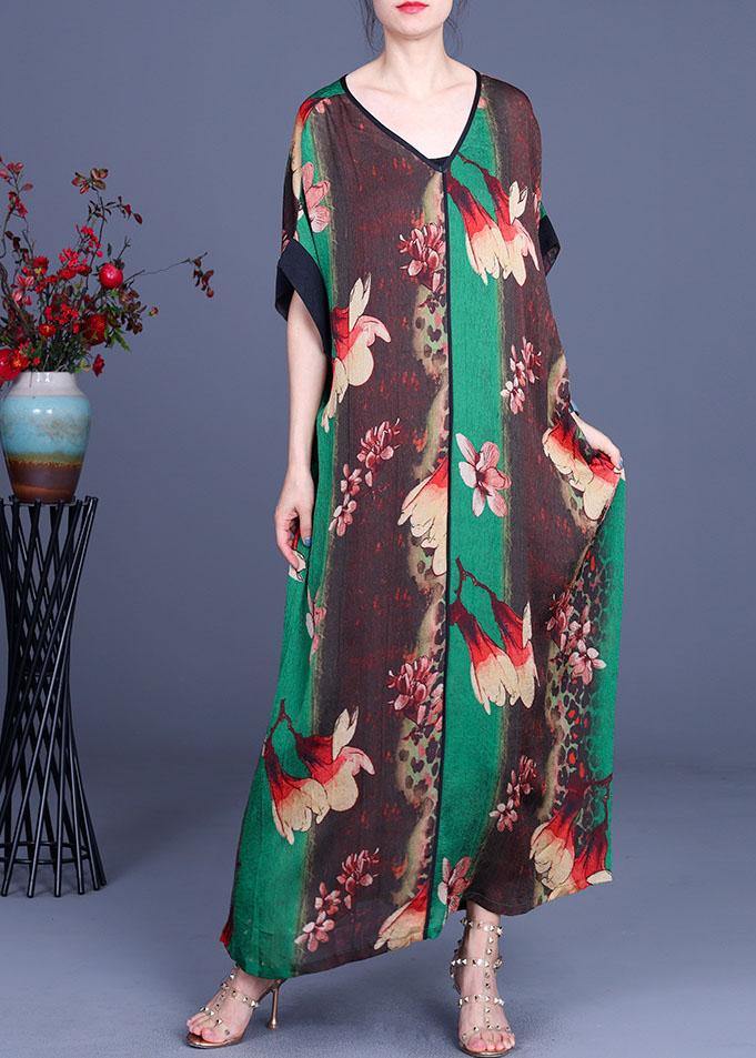 Loose Grey Print V Neck Short Sleeve Chiffon Vacation Dresses