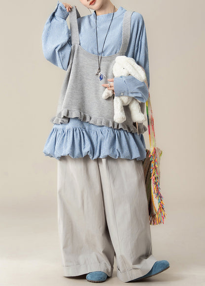 Loose Grey Ruffled Knit Vest Blue Lace Up Tops and Pants Cotton Three Piece Set Spring