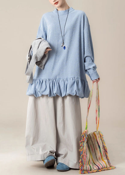 Loose Grey Ruffled Knit Vest Blue Lace Up Tops and Pants Cotton Three Piece Set Spring