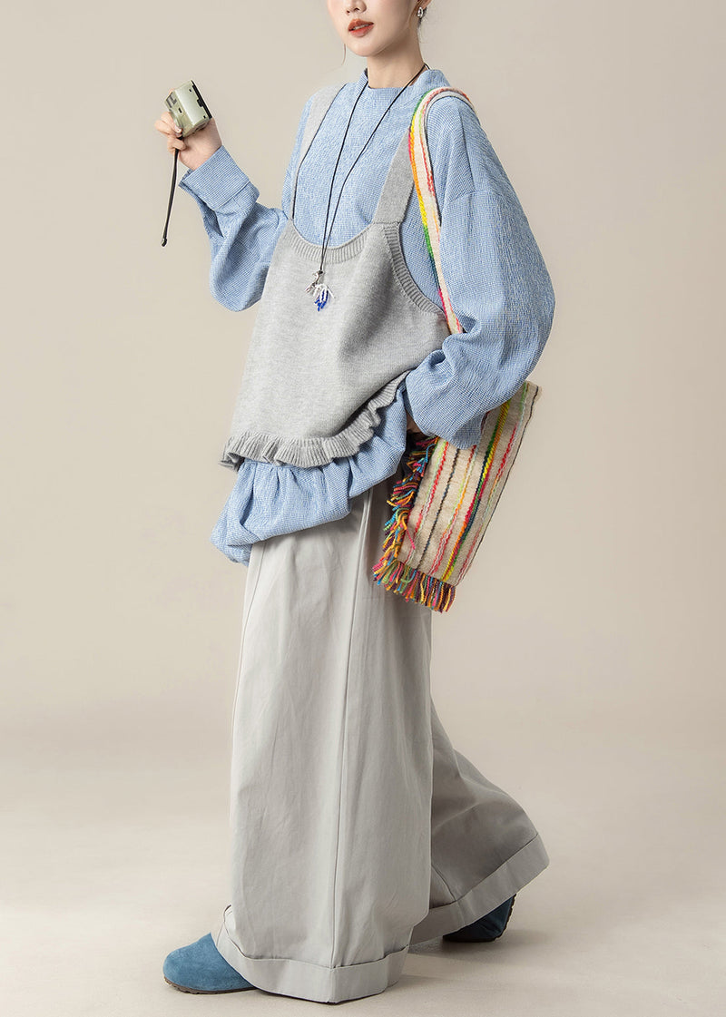 Loose Grey Ruffled Knit Vest Blue Lace Up Tops and Pants Cotton Three Piece Set Spring