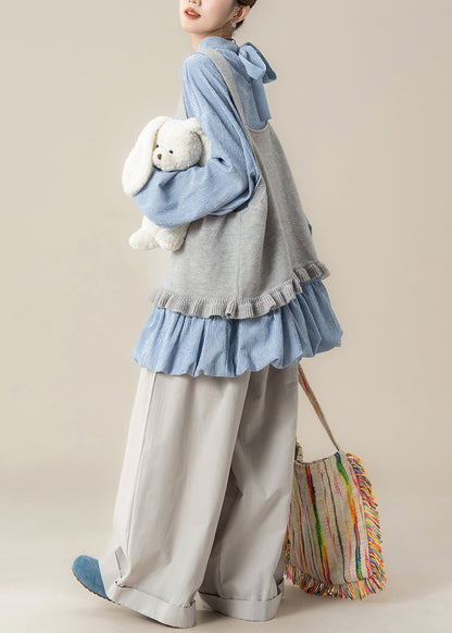 Loose Grey Ruffled Knit Vest Blue Lace Up Tops and Pants Cotton Three Piece Set Spring
