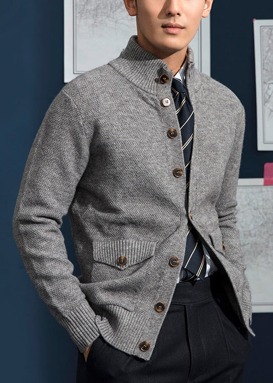 Loose Grey Stand Collar Button Pockets Knit Coats Spring