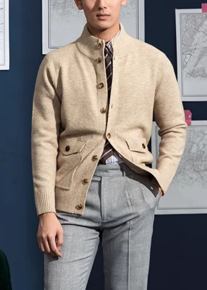 Loose Grey Stand Collar Button Pockets Knit Coats Spring