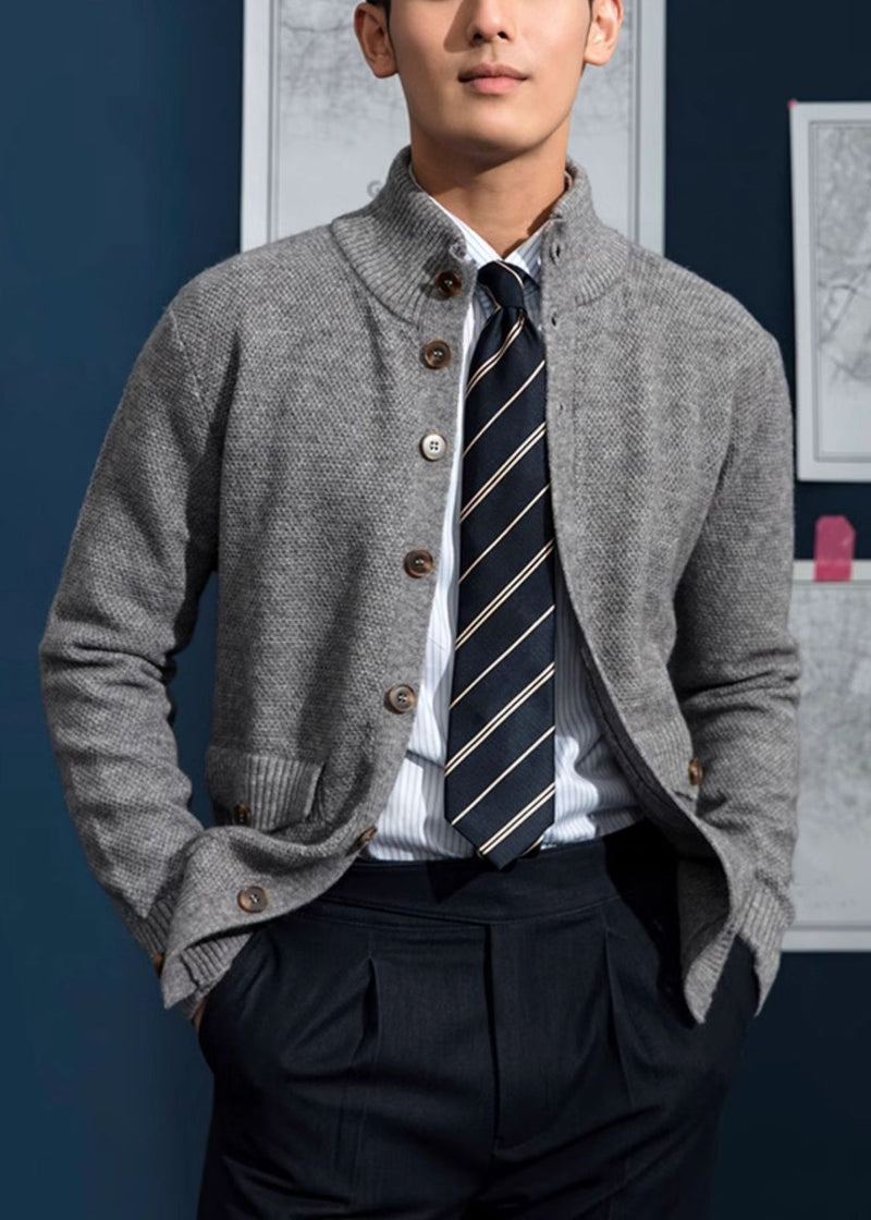Loose Grey Stand Collar Button Pockets Knit Coats Spring