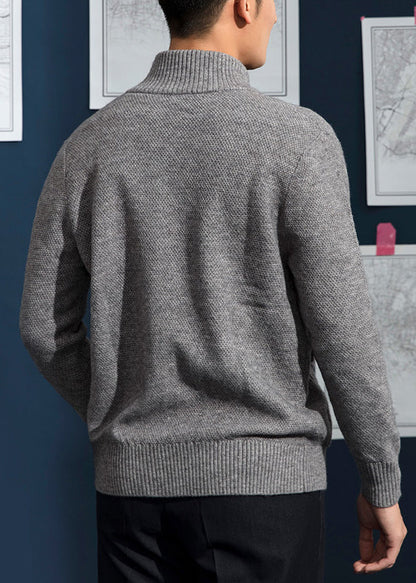 Loose Grey Stand Collar Button Pockets Knit Coats Spring