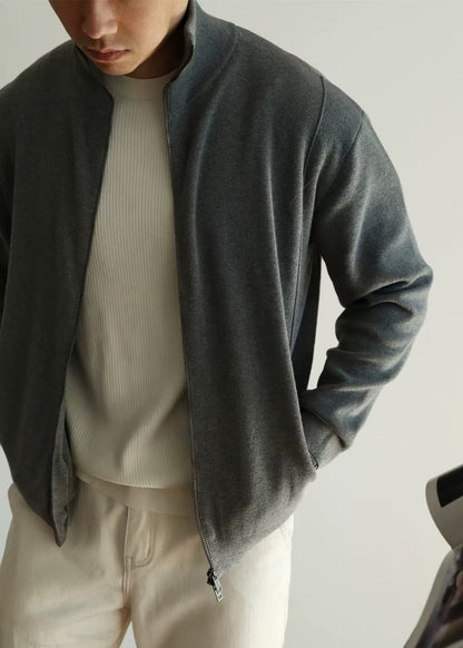Loose Grey Stand Collar Zip Up Knit Coat Fall