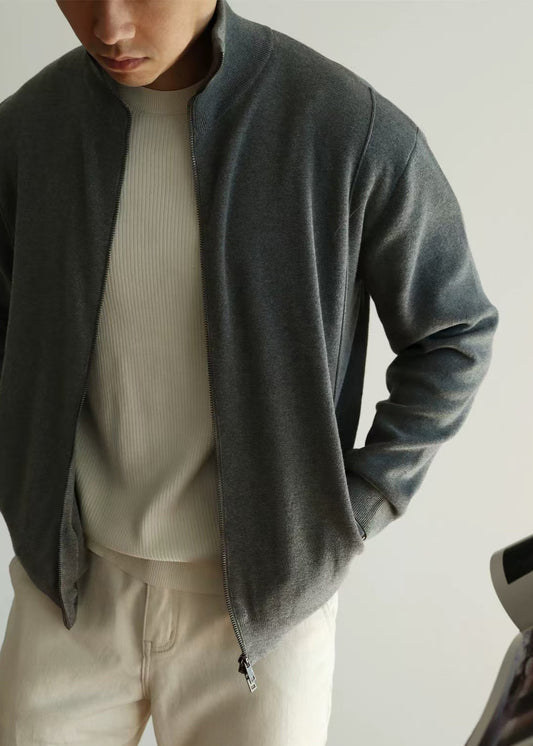 Loose Grey Stand Collar Zip Up Knit Coat Fall